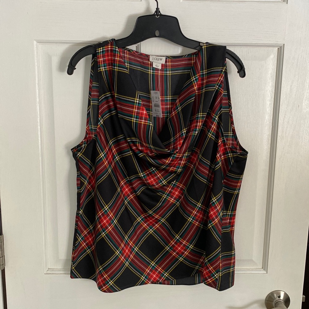 NWT J Crew Factory Sleeveless Cowl Neck Blouse Red Black Plaid Size L